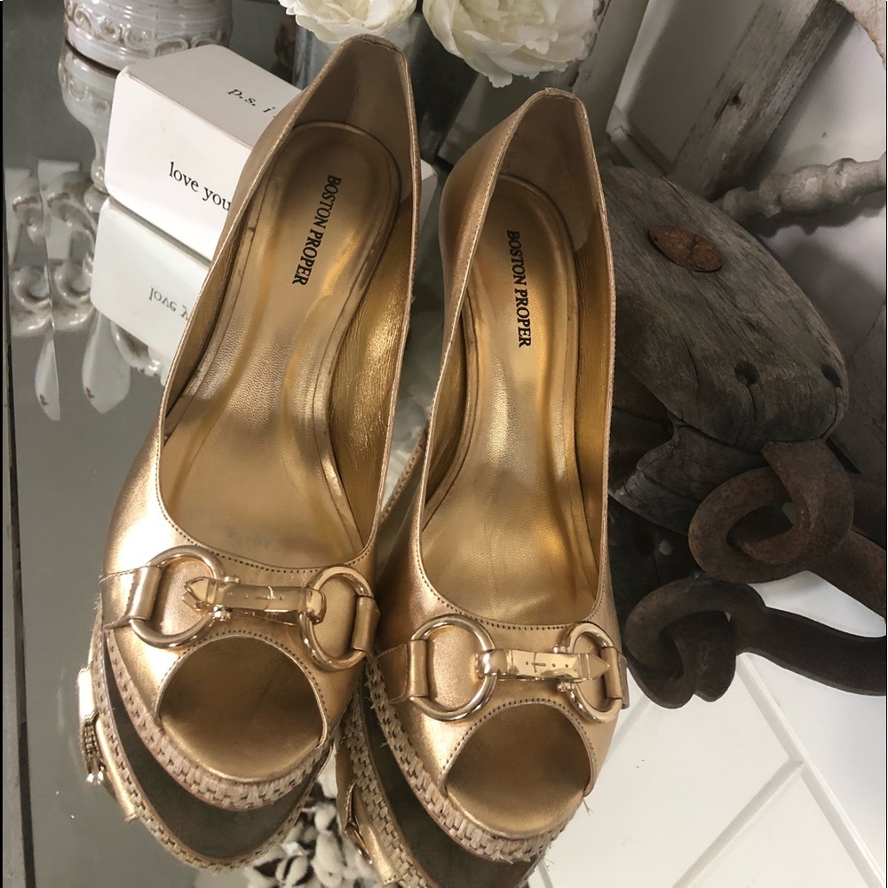 Boston Proper Gold Peep Toe w/Raffia Detailing